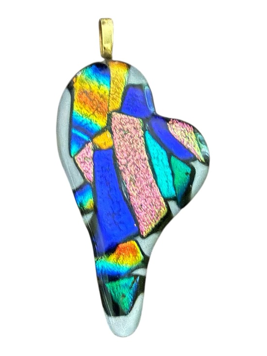Vintage Jewelry - Vintage Dichroic Glass Asymmetrical Heart Pendant- Flat Back Art Glass Colorful